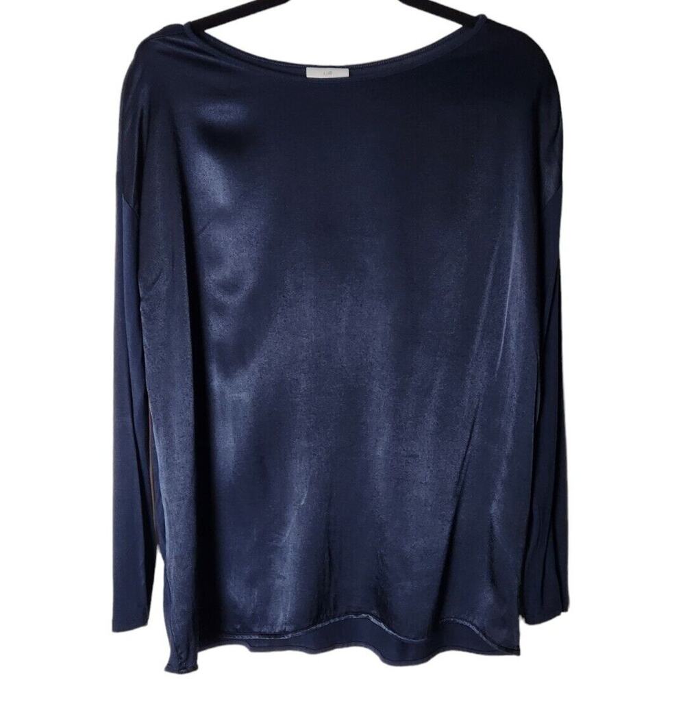J. Jill Mixed Media Blouse Womans Navy Blue Shirt Top Small Long Sleeves Classic